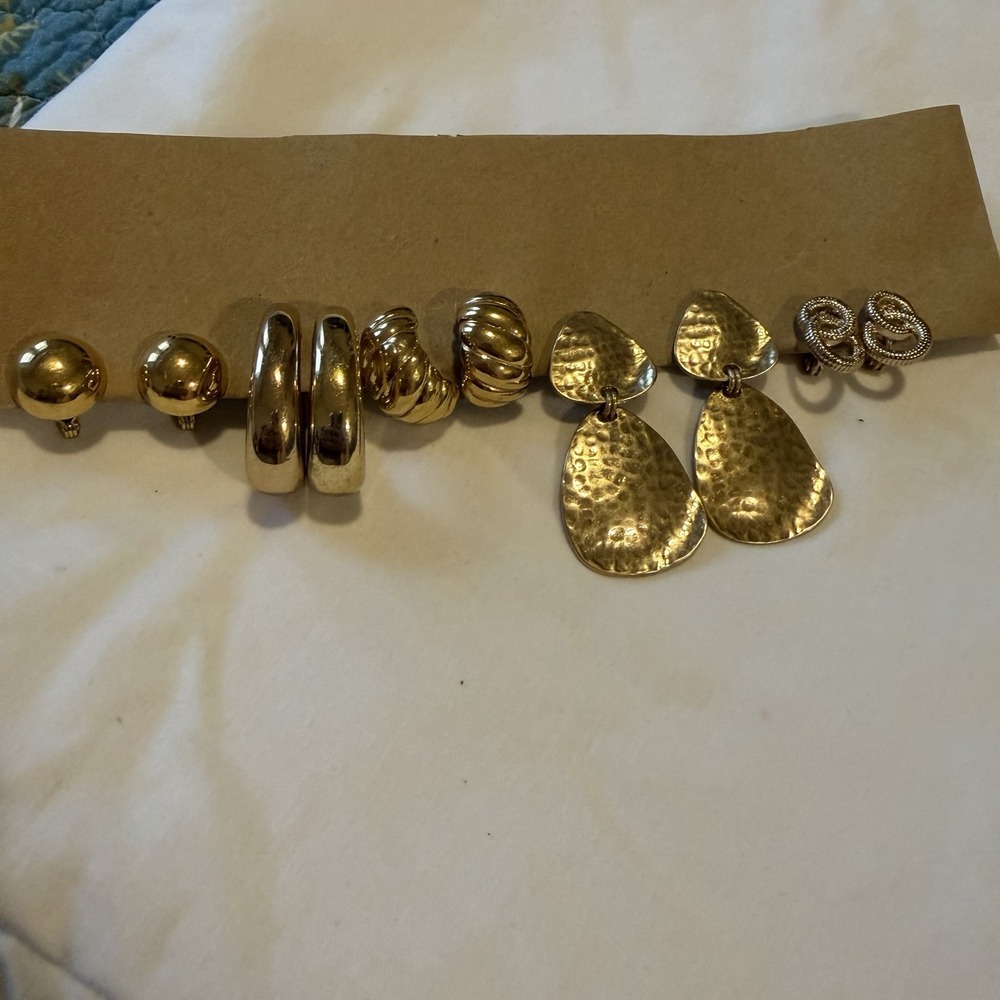 Vintage Gold Tone Clip On Earrings Lot Hammered Dangle Hoop Knot Retro Napier